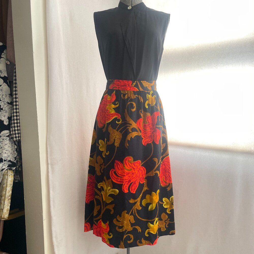 Vintage 70s black, orange, golden yellow and brown floral skirt